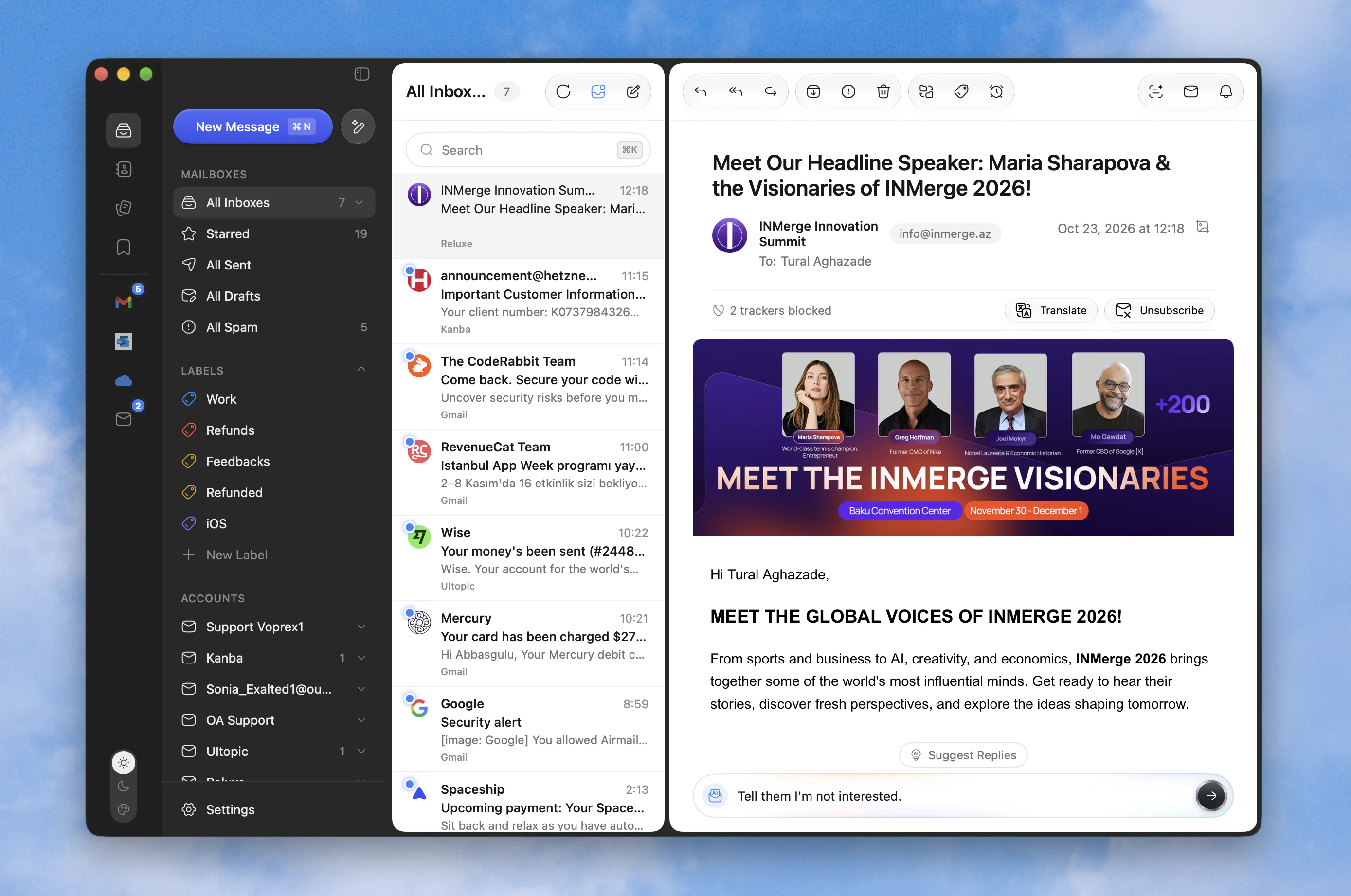 The GotEmail window: the sidebar with mailboxes, labels and accounts, All Inboxes, and an open message with Translate, Unsubscribe and a quick reply
