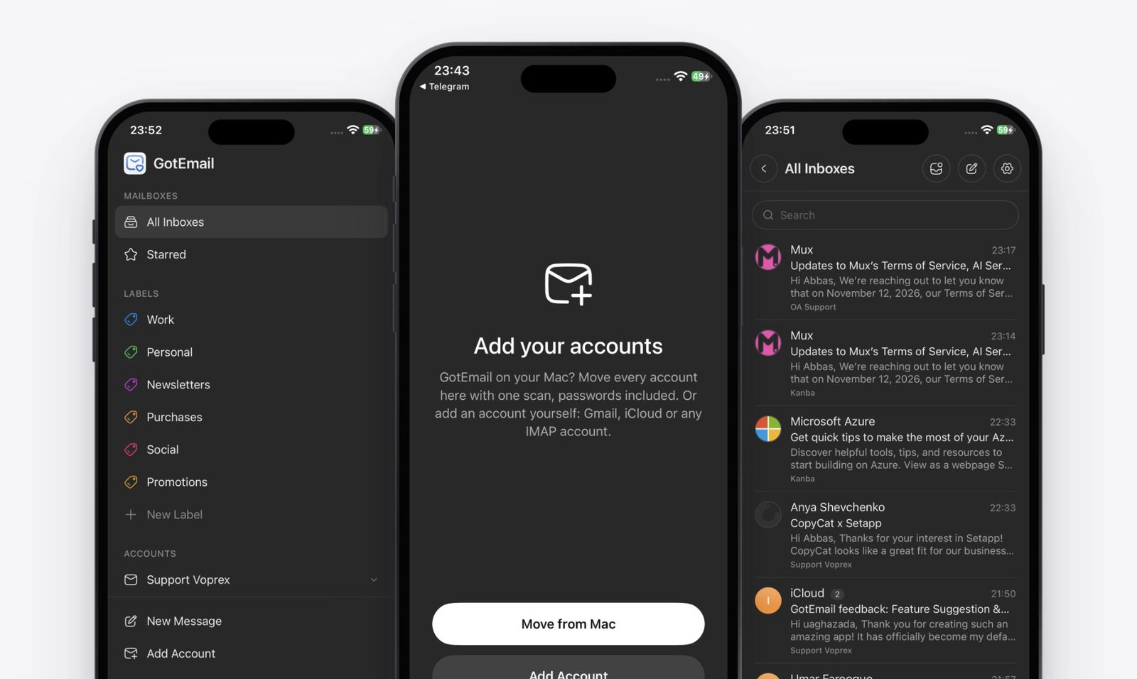 Three iPhones running GotEmail: the sidebar with mailboxes, labels and accounts; the Add your accounts screen with Move from Mac; and All Inboxes with messages from several accounts.