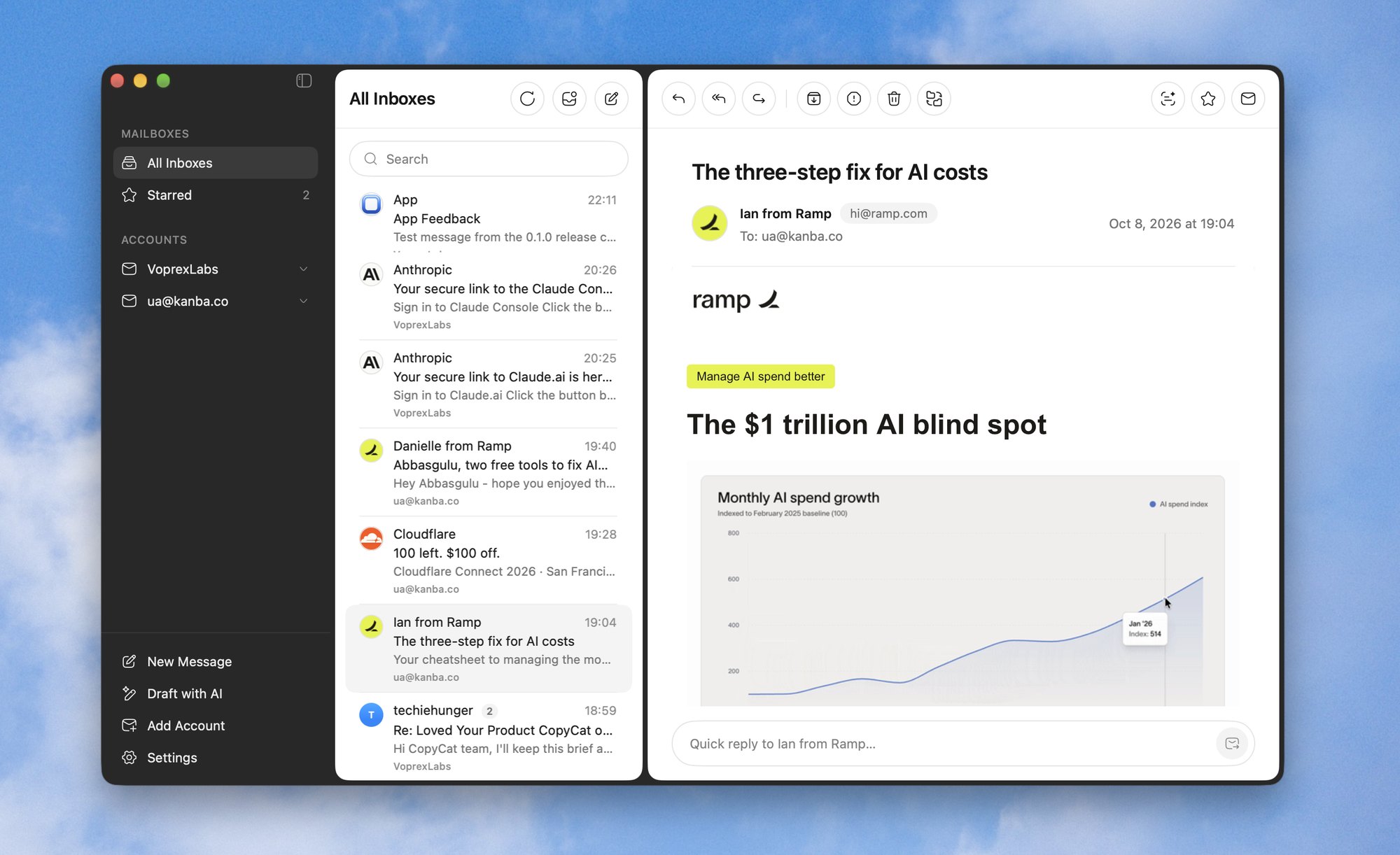 GotEmail: the mailboxes on the dark sidebar, the message list and an open message